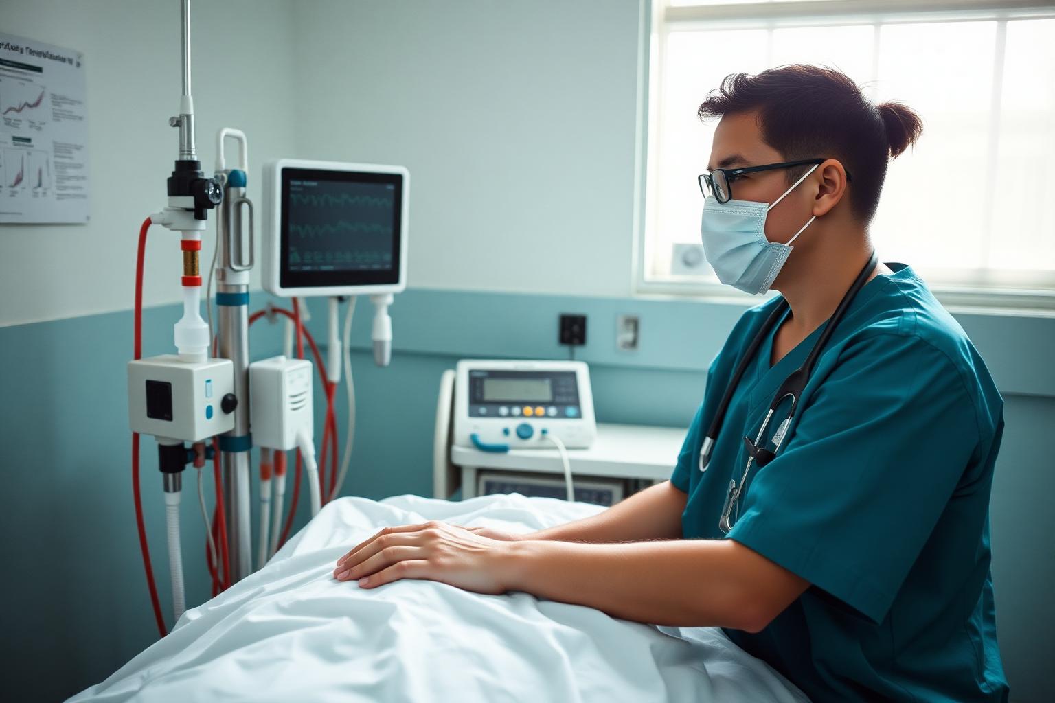Respiratory therapist beside an arterial blood gas analyzer machine and ventilator in an ICU room