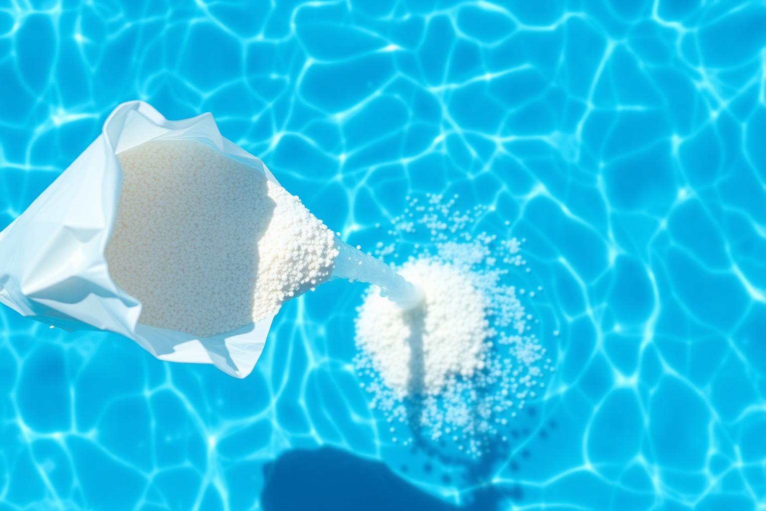 Pouring granular pool salt slowly into the deep end of a swimming pool around the perimeter