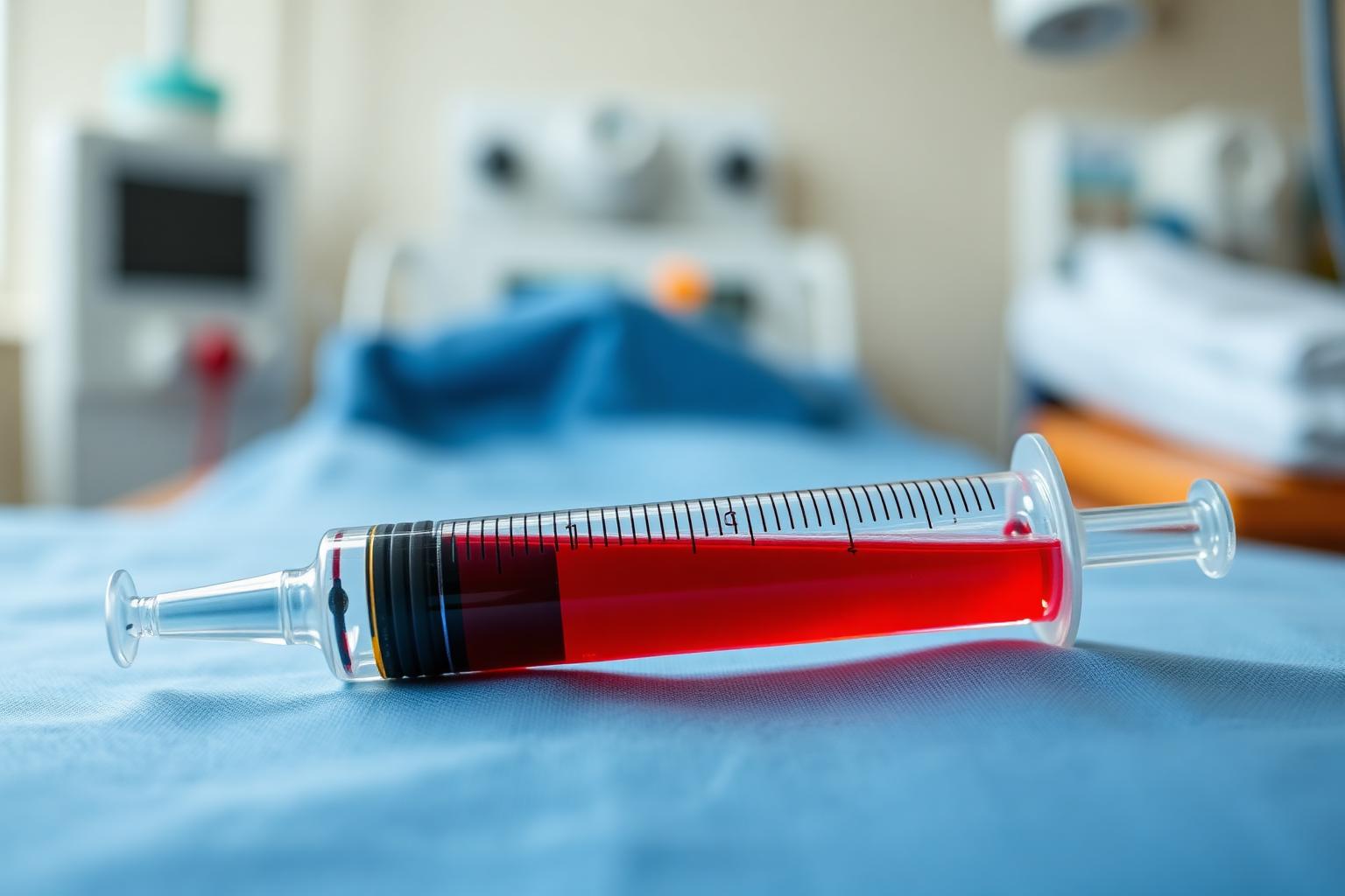 Arterial blood gas syringe with bright red blood at an ICU bedside, used for ABG interpretation