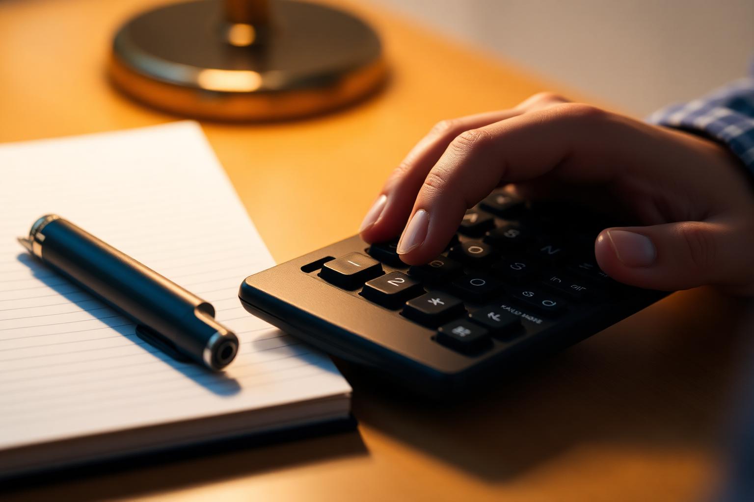 Close-up of a student's hands using a black scientific calculator next to a blank notebook on a wooden desk under a warm desk lamp, illustrating manual sgpa to cgpa calculator workflow