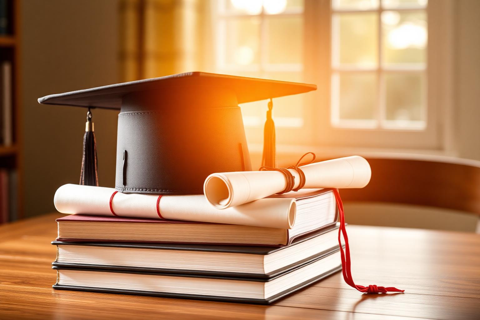 Graduation cap, rolled diploma and stacked college textbooks resting on a wooden table in golden hour window light, the moment a student's CGPA finally becomes a degree certificate