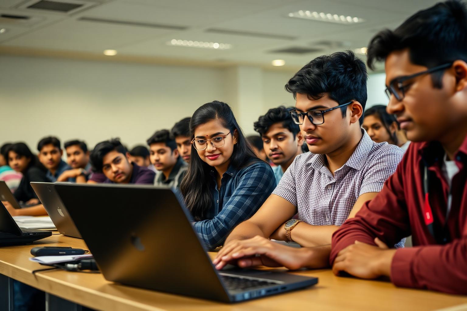 Diverse group of Indian engineering college students focused on laptops in a bright modern classroom, the kind of setting where SRM, VTU and Anna University students use a cgpa calculator after every semester result