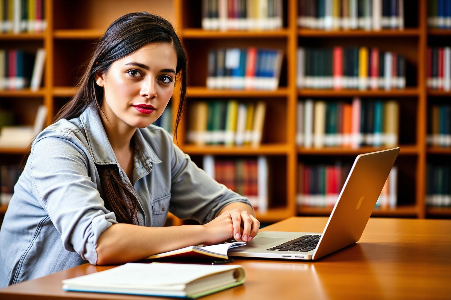 Confident young university student sitting at a library desk with a laptop and notebook, focused on improving CGPA through steady semester-by-semester study, soft library bookshelf background