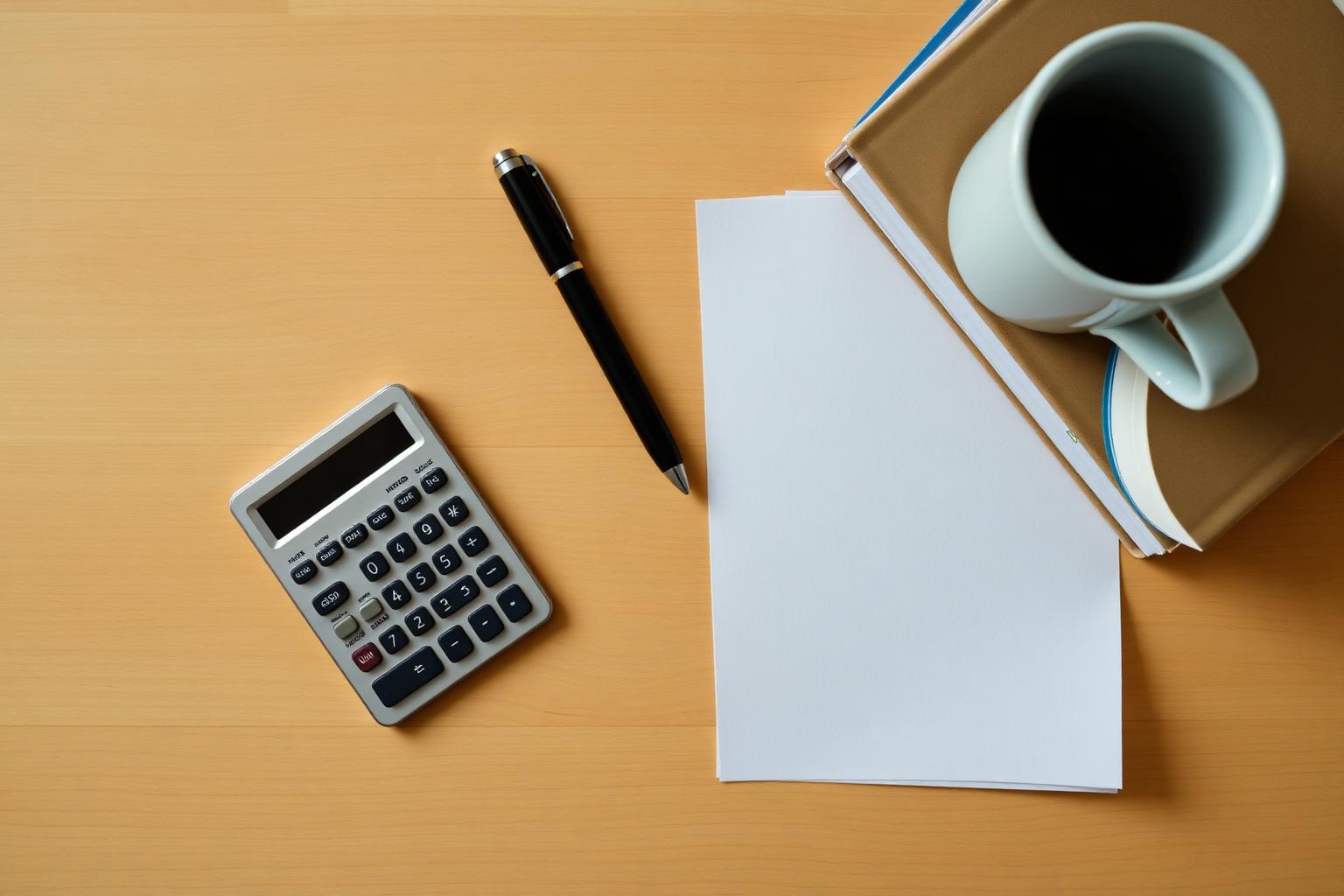 Top-down flat lay of a silver pocket calculator, black fountain pen, a stack of college textbooks and a coffee mug on a wooden desk, illustrating a calm cgpa calculator workflow on result day