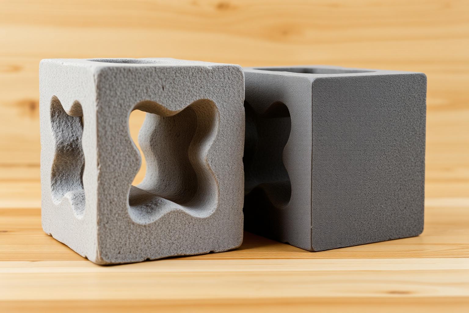 Side-by-side comparison of a lighter gray cinder block and a darker gray solid concrete masonry unit (CMU) on a wooden surface under studio lighting