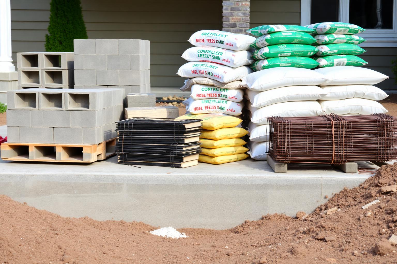 Pallet of concrete blocks, stacks of mortar bags, pile of masonry sand and bundled rebar staged neatly along a poured concrete footing on a residential construction site