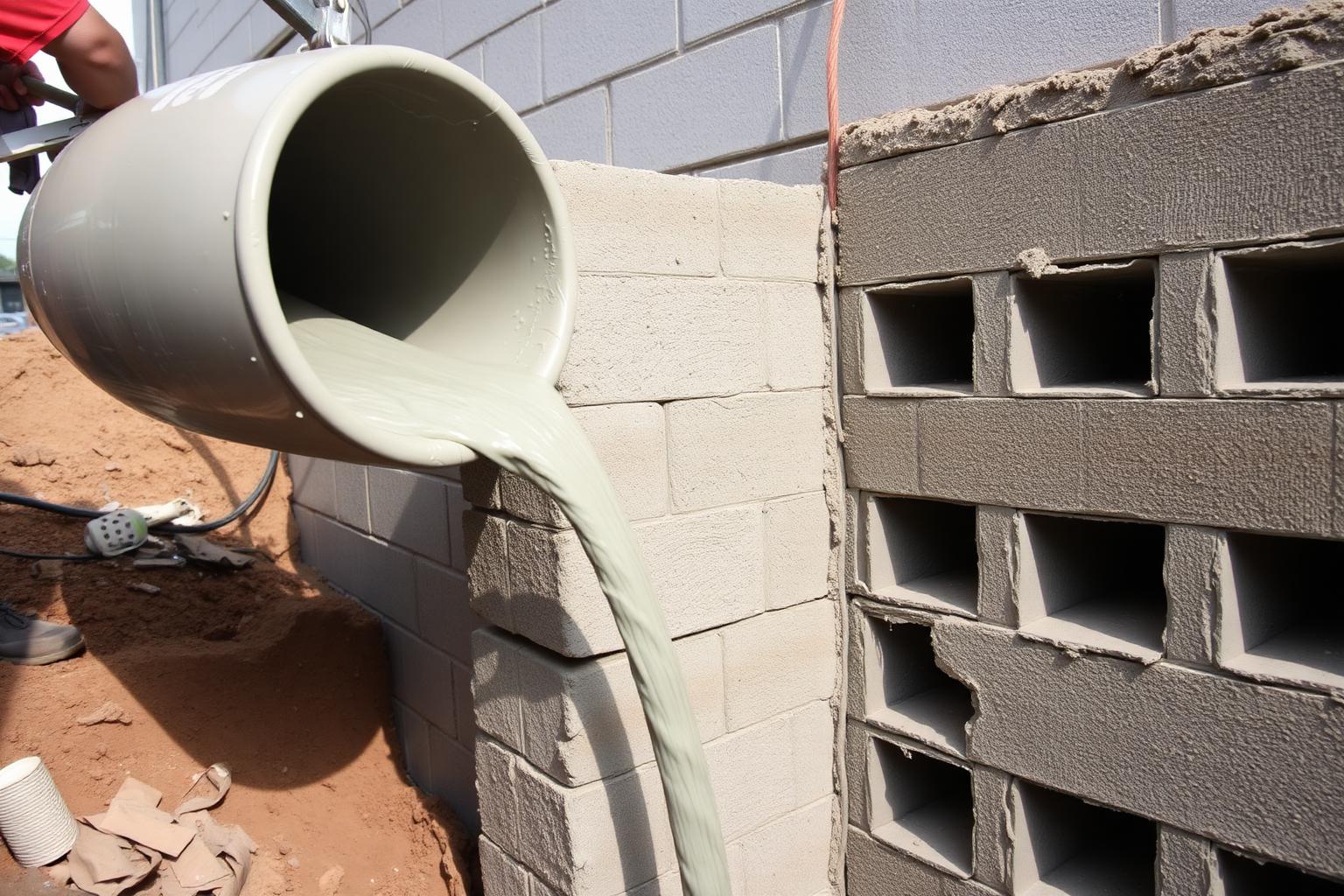 High-slump concrete grout pouring from a chute into the hollow cores of a finished CMU block wall reinforced with rebar at a residential foundation site
