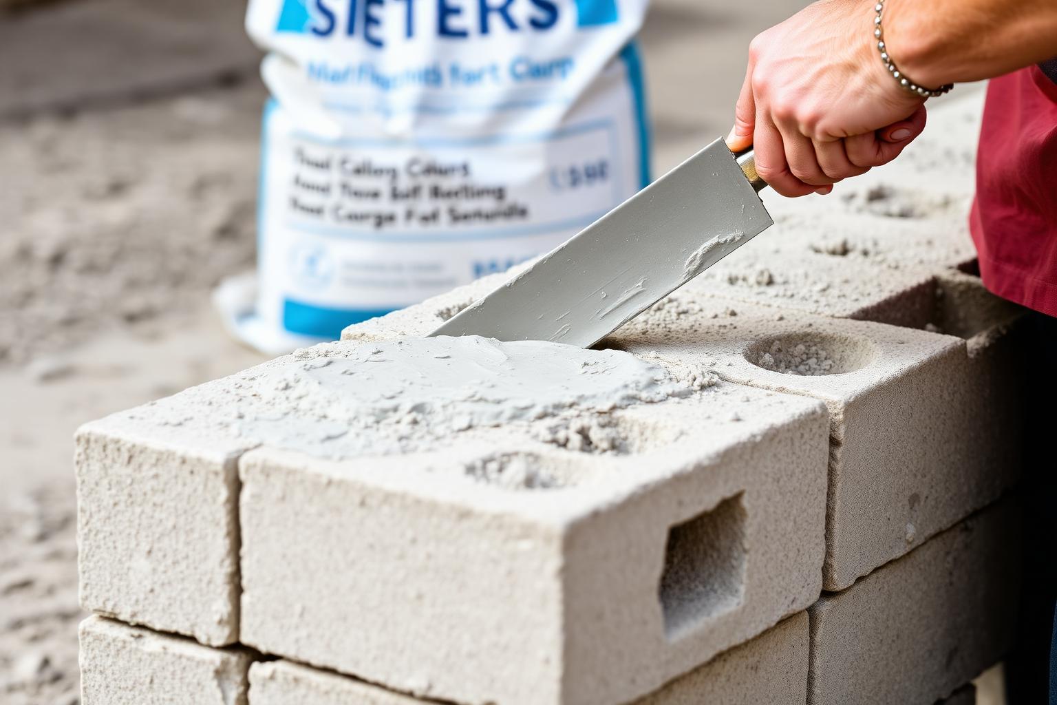 Mason troweling fresh gray Type S mortar onto the top of a freshly laid concrete block course with a bag of mortar in the background