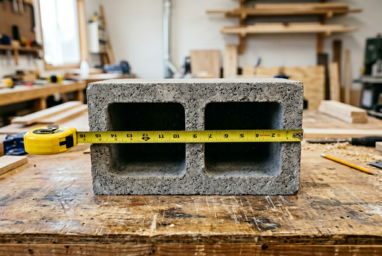 Yellow tape measure stretched across a single concrete block on a workbench showing the actual 15 5/8 inch length versus the nominal 16 inch dimension with mortar joint
