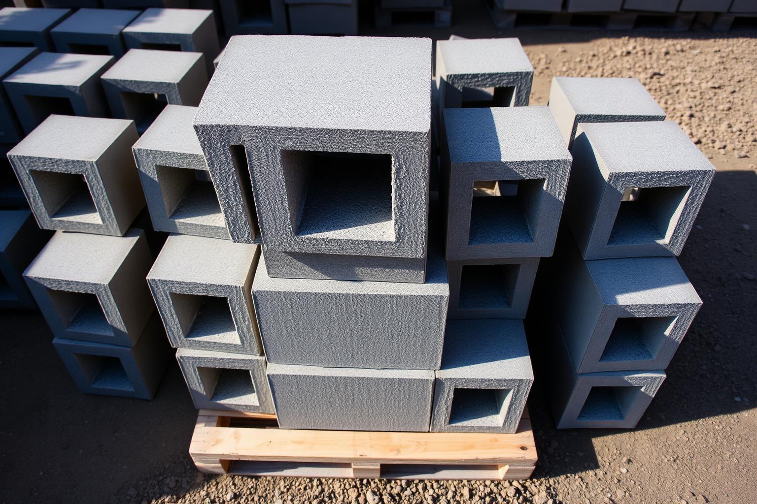 Stack of standard 8x8x16 gray concrete blocks neatly arranged on a wooden pallet at a masonry supply yard in daylight