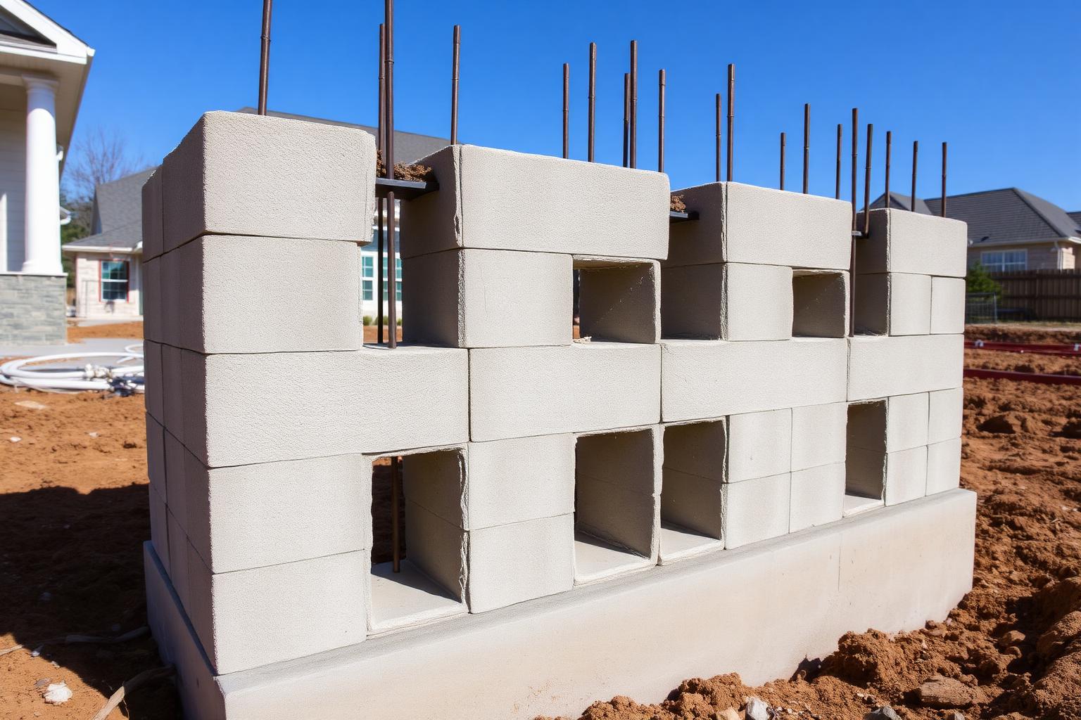 Vertical steel rebar bars protruding from the hollow cores of a partially built concrete block wall on a poured concrete footing at a residential construction site