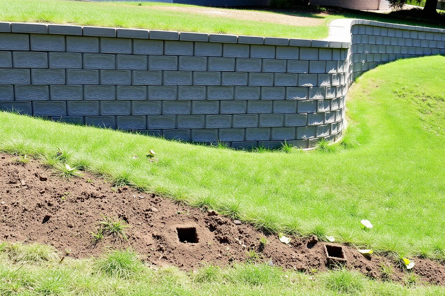 Tall gray concrete block retaining wall with weep holes at the base holding back a sloped grass embankment in a residential backyard