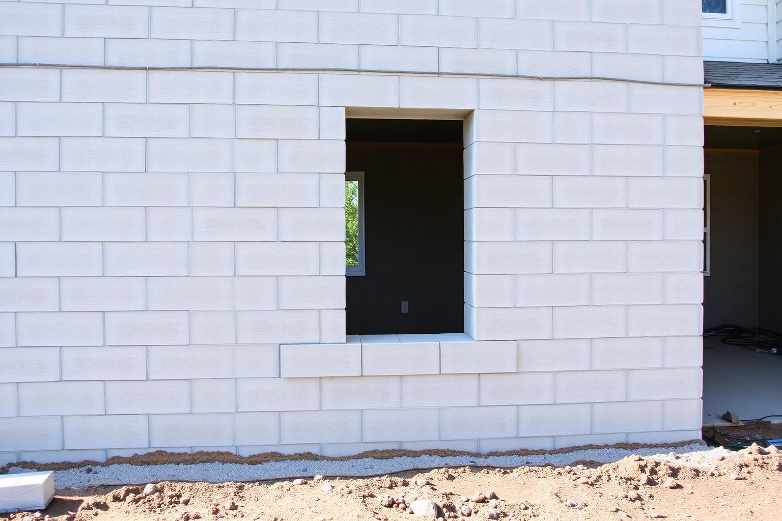 Partially built concrete block wall with a rectangular window opening framed by corner blocks on a residential foundation in daylight