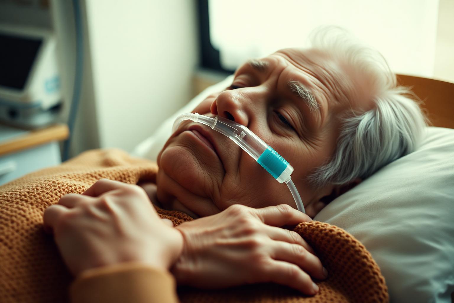 Elderly COPD patient resting in a hospital bed wearing a nasal cannula for supplemental oxygen