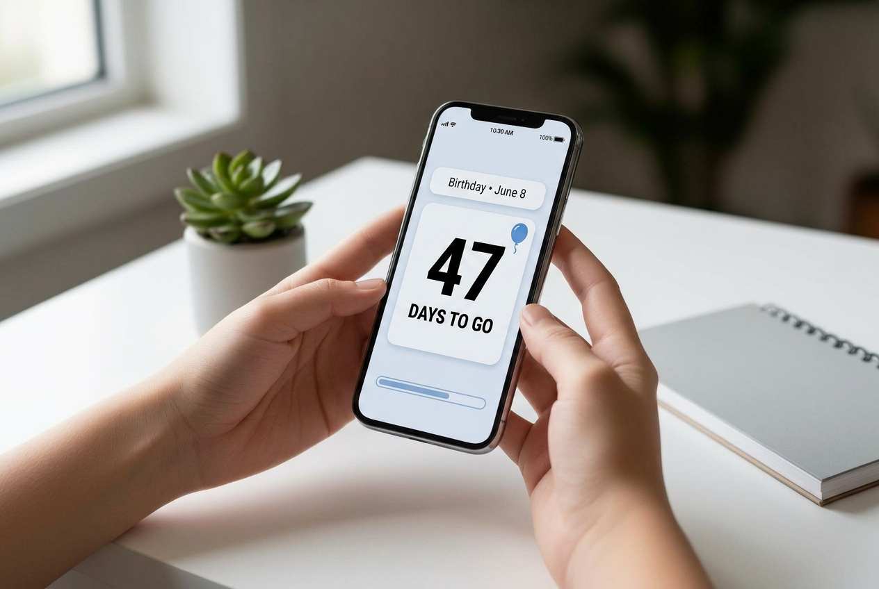 Person using a smartphone countdown app next to a desk calendar to plan ahead