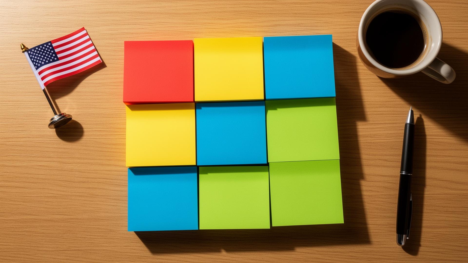 2026 calendar with US federal holidays marked on colored sticky notes