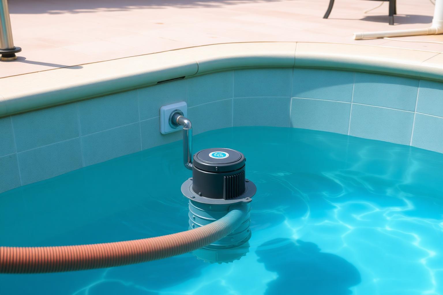 Submersible pump draining water from a swimming pool to dilute and lower high salt levels