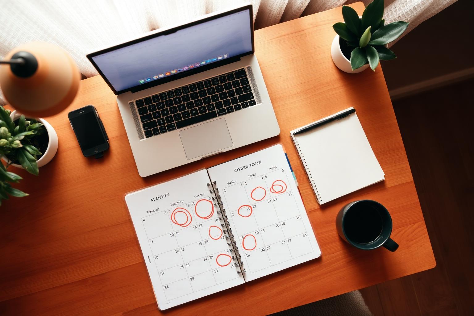 Freelancer planning project deadlines on a monthly calendar with a laptop and notebook on a wooden desk