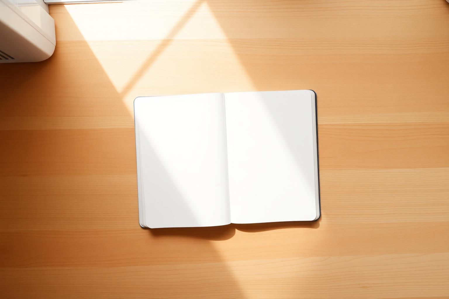 Open blank notebook on a wooden desk in soft window light, used to plan and track monthly working hours