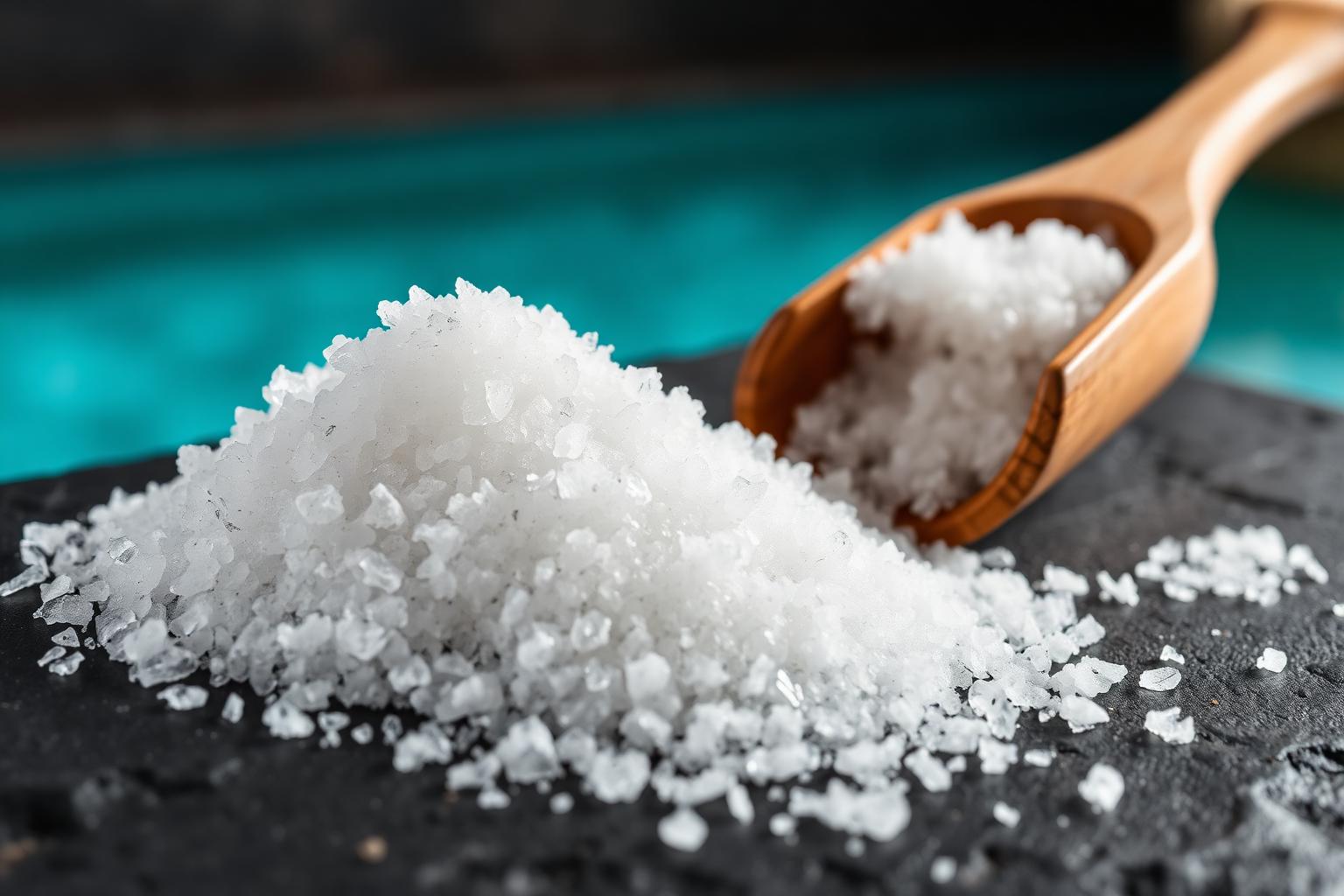 Bag of pool grade salt sitting on a stone deck beside a saltwater pool showing how much salt to add