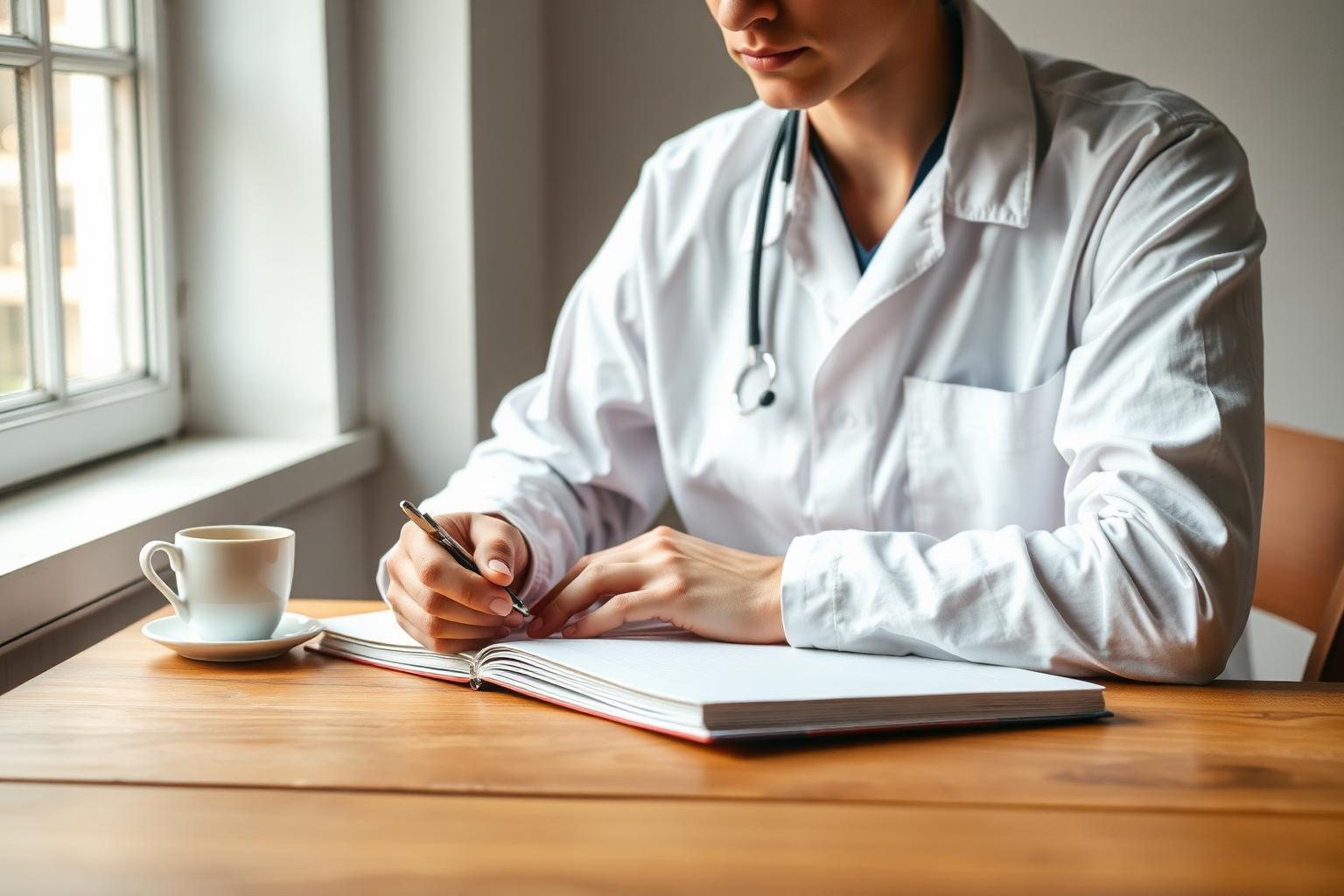 Medical student studying acid-base physiology and ABG compensation formulas at a desk