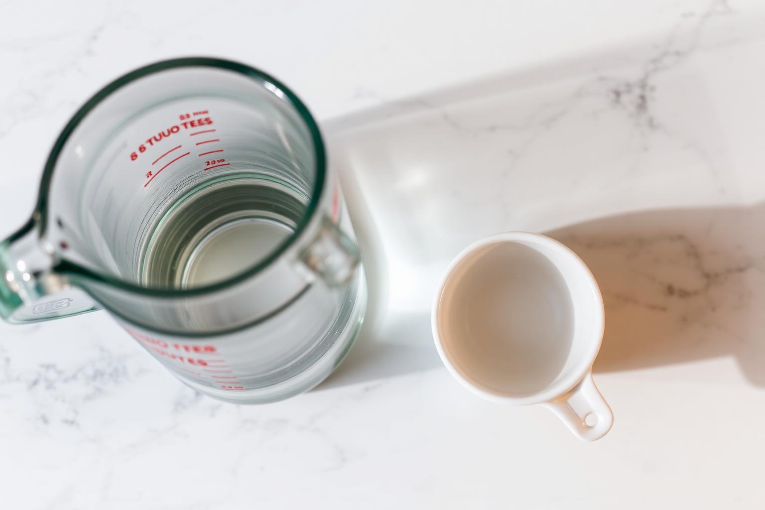 Glass measuring jug filled to the eight fluid ounce line beside a one cup ceramic measuring cup on a marble counter, showing that one US cup equals eight fluid ounces