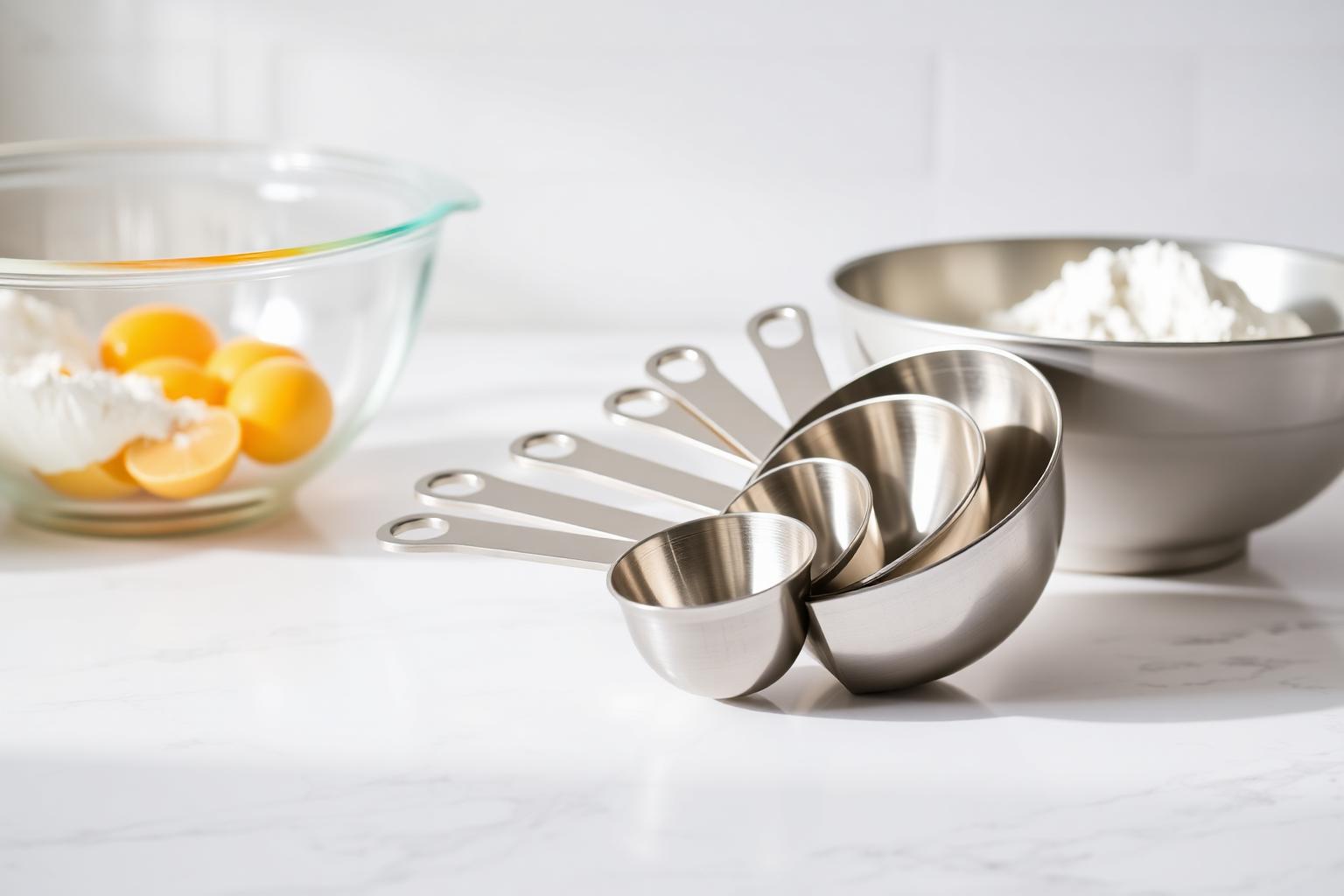 Nested set of stainless steel measuring cups arranged from largest to smallest on a white marble counter beside a glass mixing bowl with eggs and flour, showing the basic tools for ounces to cups conversion