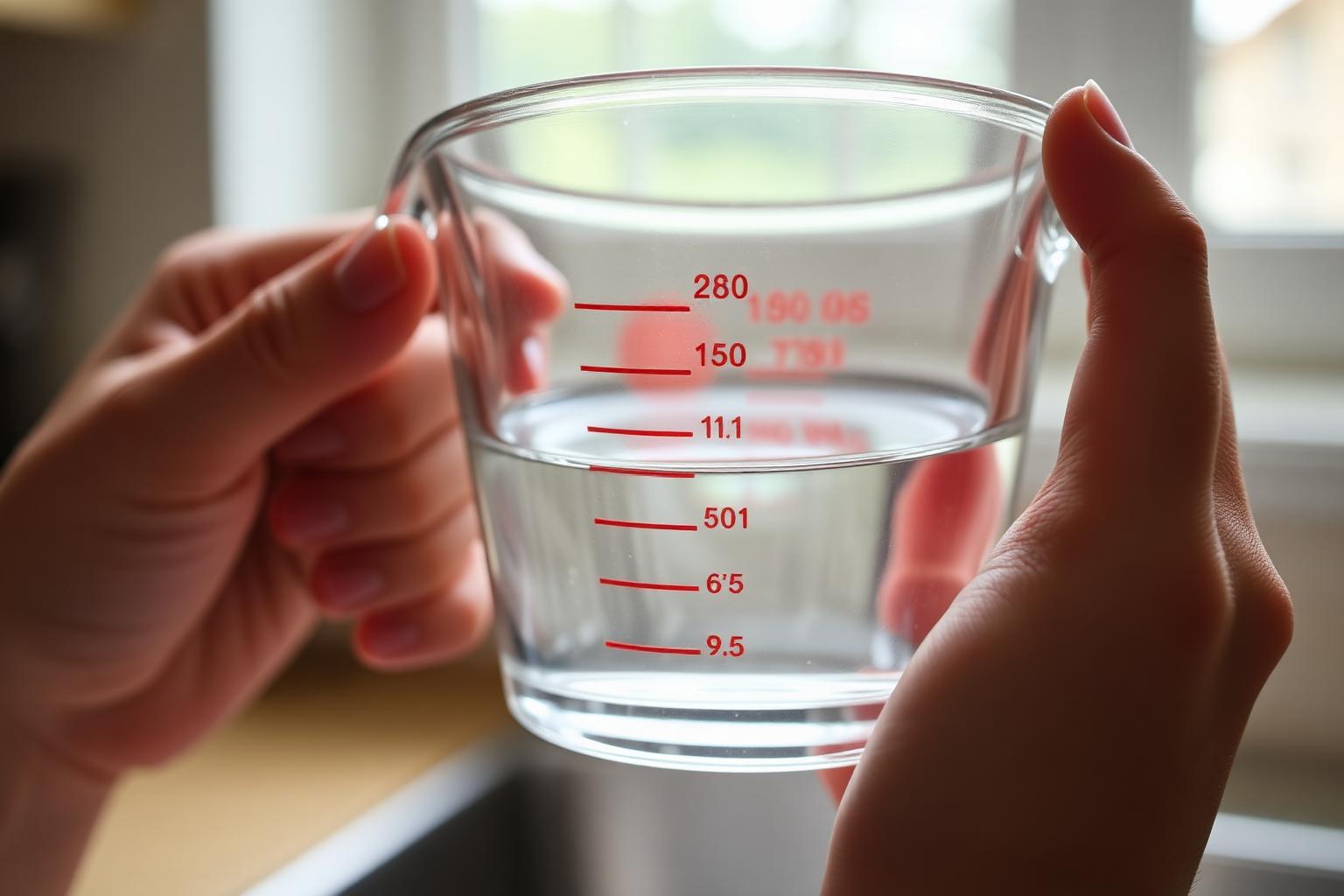 Hands holding a glass measuring cup at eye level to read the meniscus of water against the markings, the correct way to measure liquid ounces in a cup