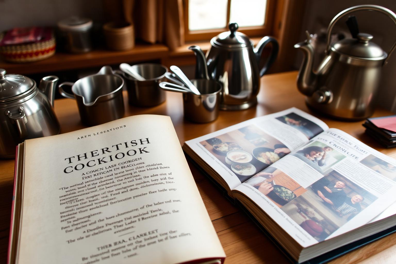 Open vintage British cookbook beside a modern American cookbook on a wooden kitchen table with measuring cups and a tea kettle, showing how US and UK recipes use different cup sizes