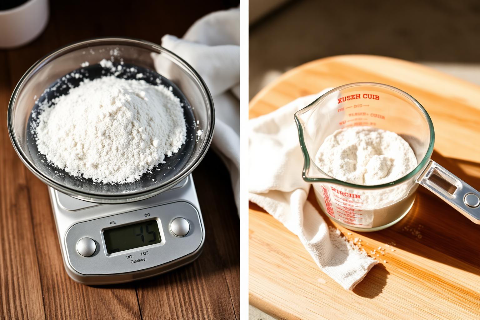 Side by side comparison of a kitchen scale weighing flour in grams next to a glass measuring cup of flour on a wooden cutting board, showing the difference between weight ounces and volume cups in baking