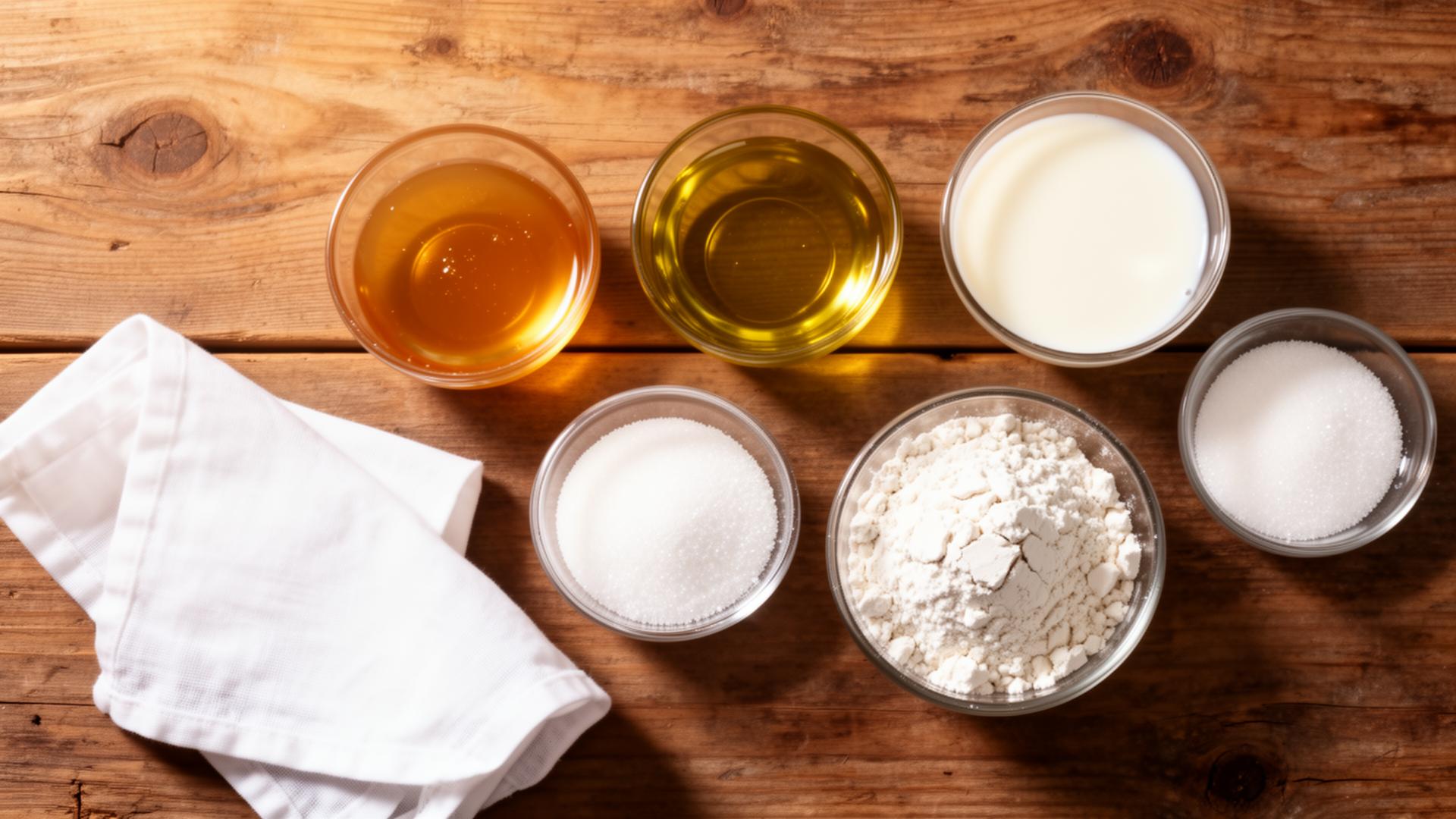 Overhead flat lay of small clear bowls holding honey, milk, olive oil, granulated sugar, and white flour arranged on a warm wooden farmhouse table beside a folded white linen napkin