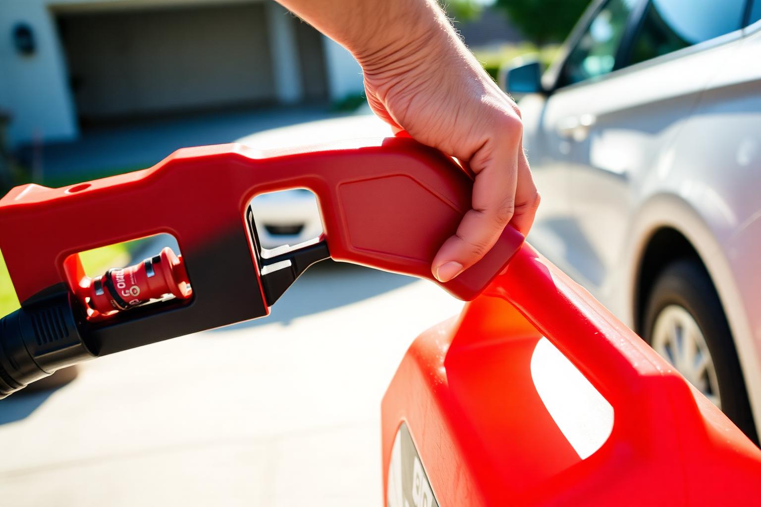 Close up of a hand pumping fuel into a red plastic gas can on a sunny driveway with a silver car softly out of focus in the background, illustrating gallons in the world of fuel and small engines