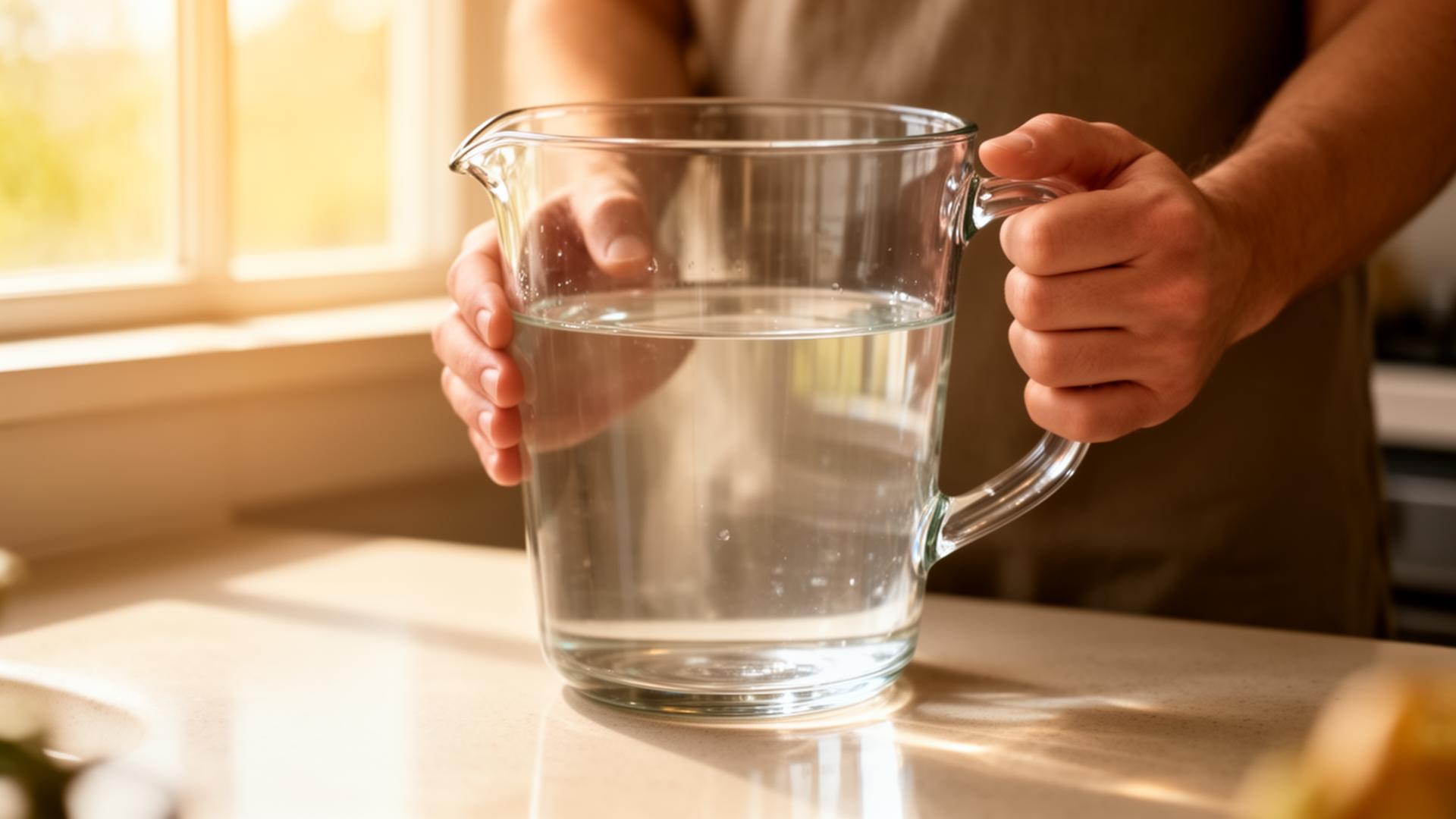 Two hands holding a large clear glass measuring pitcher half filled with water on a kitchen counter near a sunny window, eye level reading angle, illustrating how to read a measuring pitcher accurately
