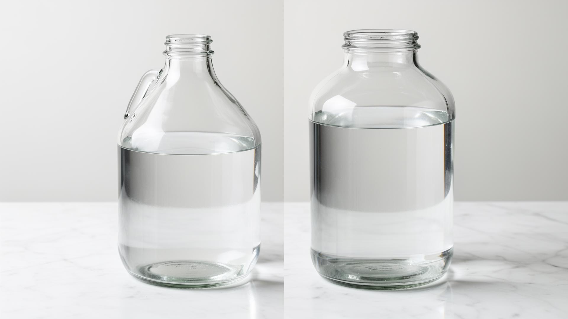 Two transparent glass jugs of equal water level standing side by side on a white marble counter, the right jug visibly taller and wider than the left, comparing the smaller US gallon and the larger UK imperial gallon