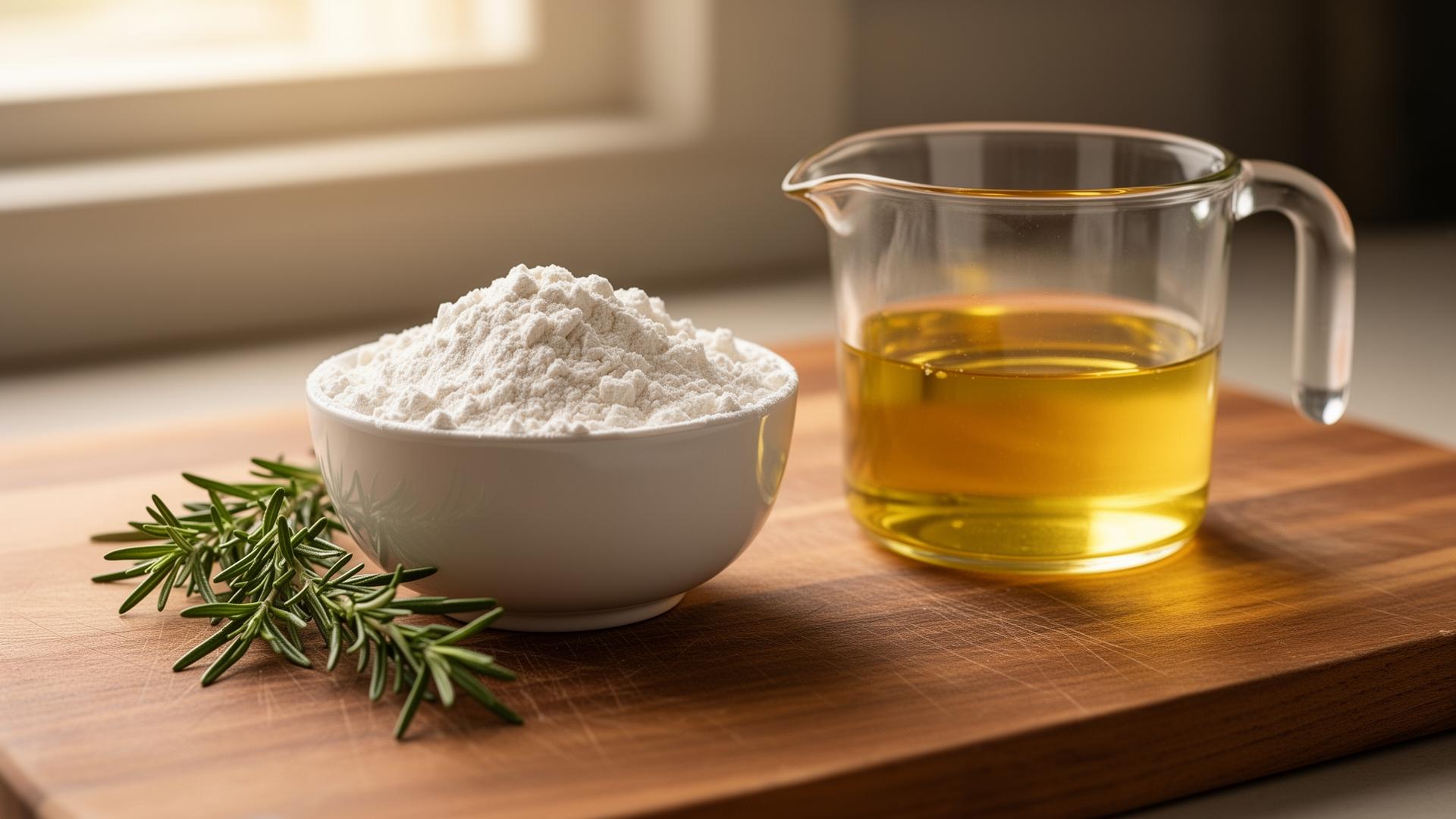 Small white ceramic bowl heaped with all purpose flour beside a clear glass measuring cup half filled with golden vegetable oil on a warm wooden cutting board, with a sprig of fresh rosemary