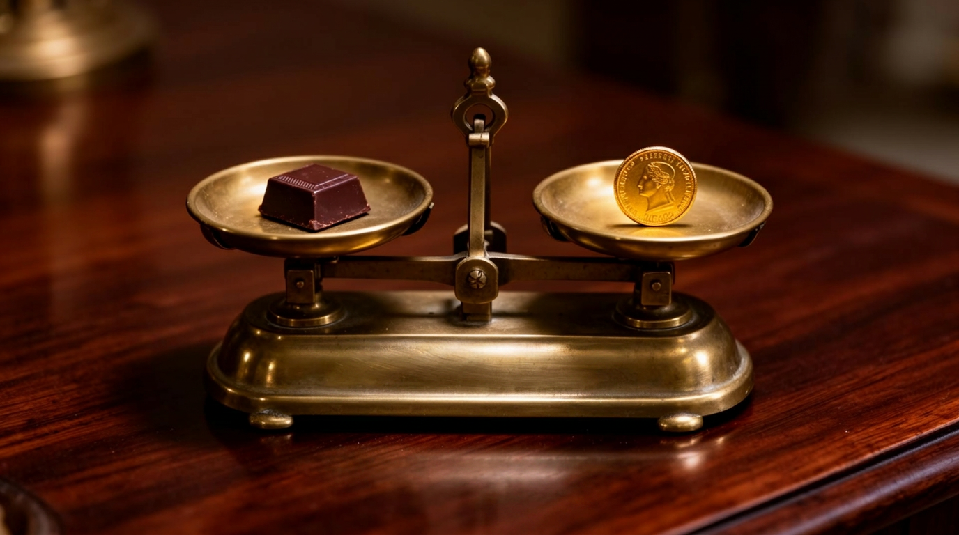 Antique brass balance scale on a polished walnut table with a small piece of dark chocolate on the left pan and a single gold coin on the right pan, illustrating the difference between everyday avoirdupois ounces and troy ounces used for precious metals