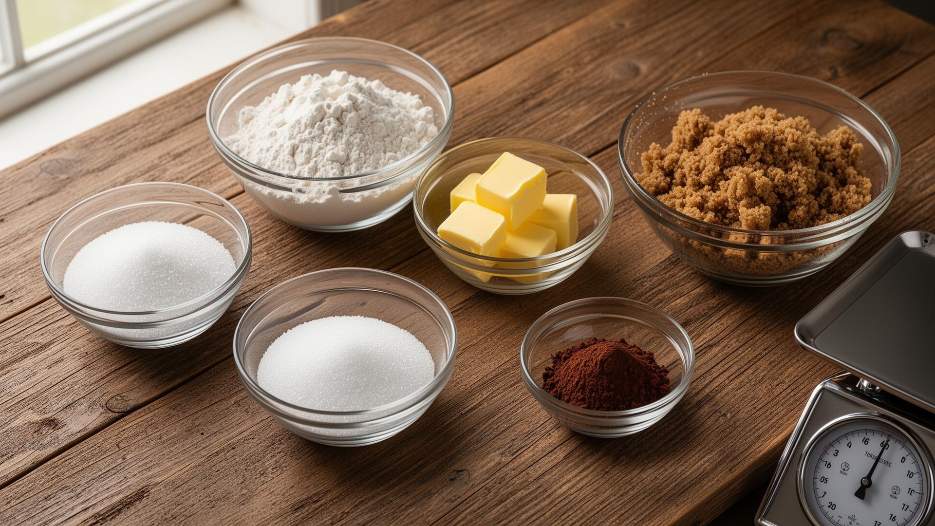 Overhead flat lay of clear glass bowls on a warm wooden farmhouse table holding white flour, granulated sugar, brown sugar, butter cubes, and a small heap of cocoa powder, with a polished steel kitchen scale at the edge of the frame