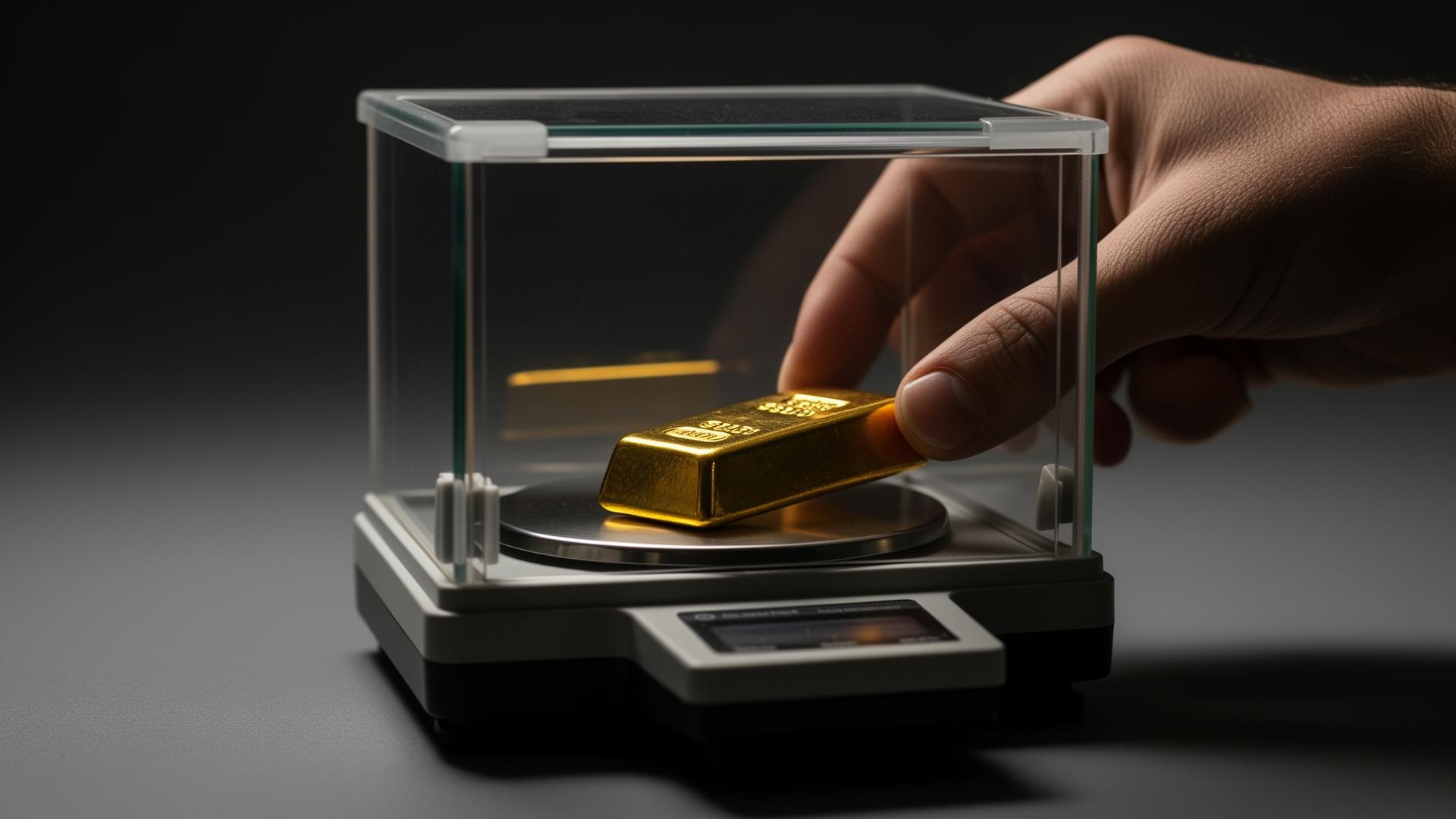 Close up of a hand placing a polished gold bullion bar onto a precision laboratory balance with a clear glass enclosure on a dark gray surface, illustrating troy ounce measurement of precious metals