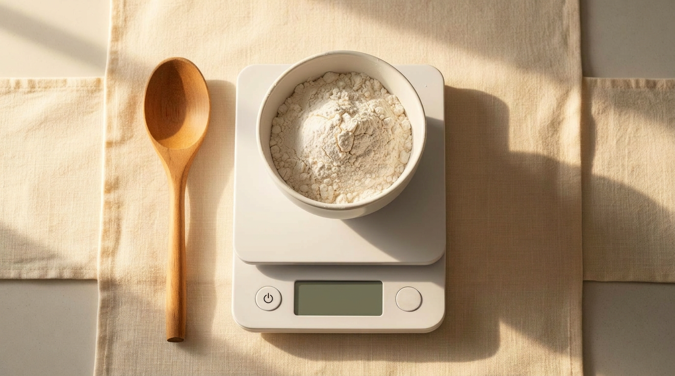 White kitchen scale on a cream linen runner with a small ceramic bowl of all purpose flour on the platter and a wooden spoon resting alongside, illustrating ounces to grams conversion in a calm sunlit home kitchen