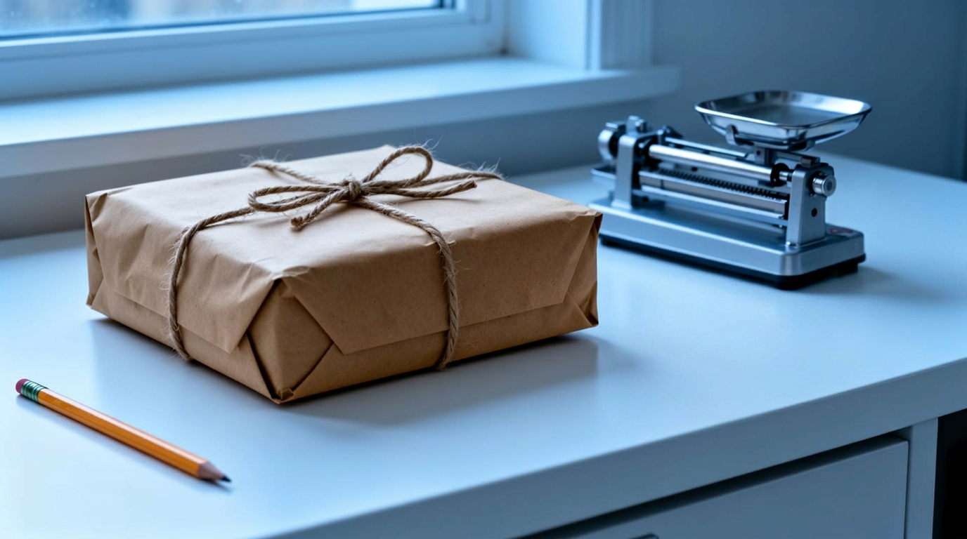 Brown paper parcel tied with twine on a clean white postal counter beside a small mechanical letter scale and a pencil, soft cool morning light through a window, illustrating ounce and gram conversions for postage and shipping