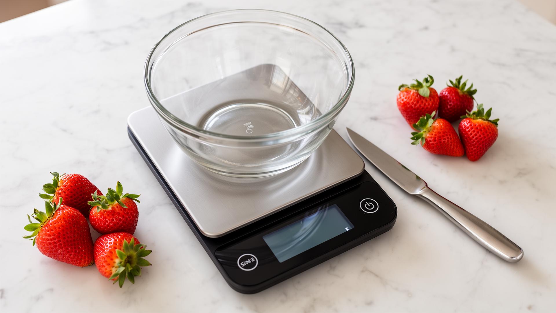 Sleek modern digital kitchen scale on a white marble countertop with a clear glass mixing bowl placed on the platter, fresh strawberries and a butter knife resting nearby in soft natural daylight