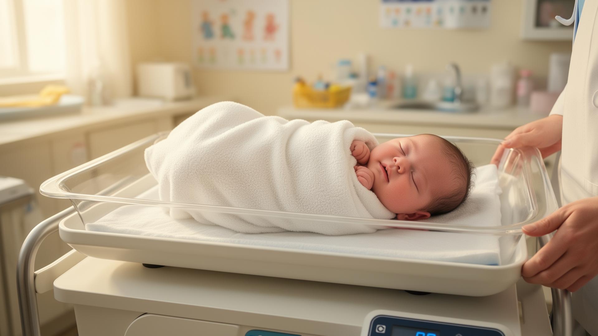 Healthy newborn baby wrapped in a soft white blanket lying gently on a clean modern infant scale in a sunlit pediatric room with a parent's hand visible at the edge of the frame, illustrating birth weight measurement in kilograms