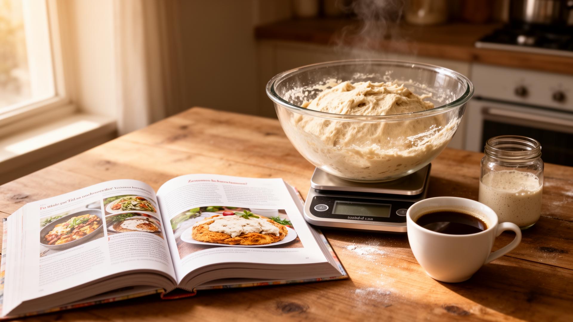 Open European cookbook on a wooden table beside a clear glass bowl filled with bread dough resting on a digital kitchen scale, with a cup of strong morning coffee and a small jar of sourdough starter nearby in soft daylight