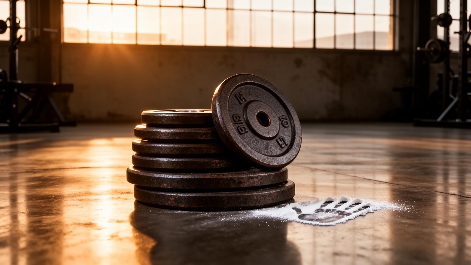 Stack of cast iron weight plates on a polished concrete gym floor with a chalk handprint nearby and warm morning light streaming through a large industrial window, illustrating how lifters move between pound and kilogram weight plates