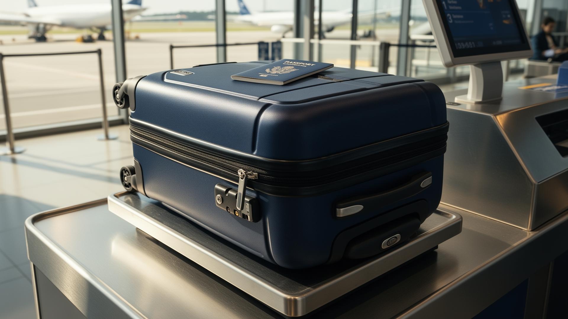 Navy blue rolling suitcase resting on a stainless steel airport check in luggage scale platform with a passport on top, calm cinematic lighting through a sunny terminal window, illustrating the twenty three kilogram international airline weight limit