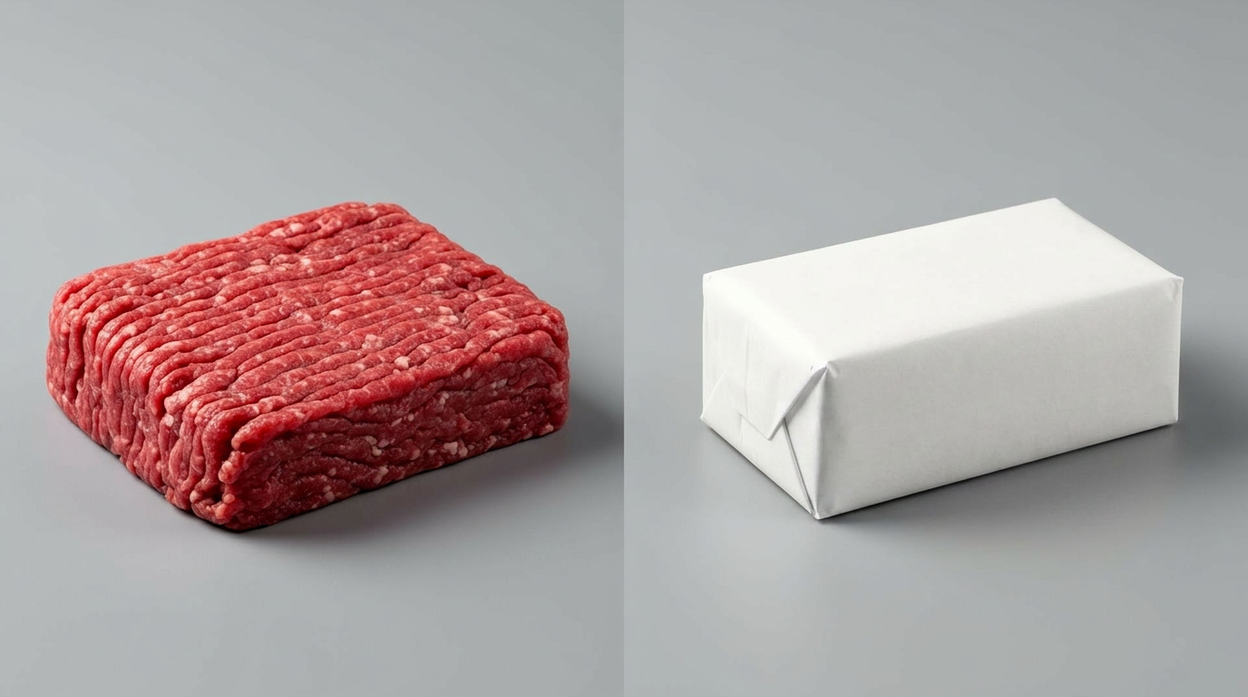 Side by side comparison on a soft gray seamless background of a red American style brick of ground beef on the left and a plain white paper wrapped block of butter on the right, illustrating the everyday difference between an ounce based pound package and a gram based kilogram package