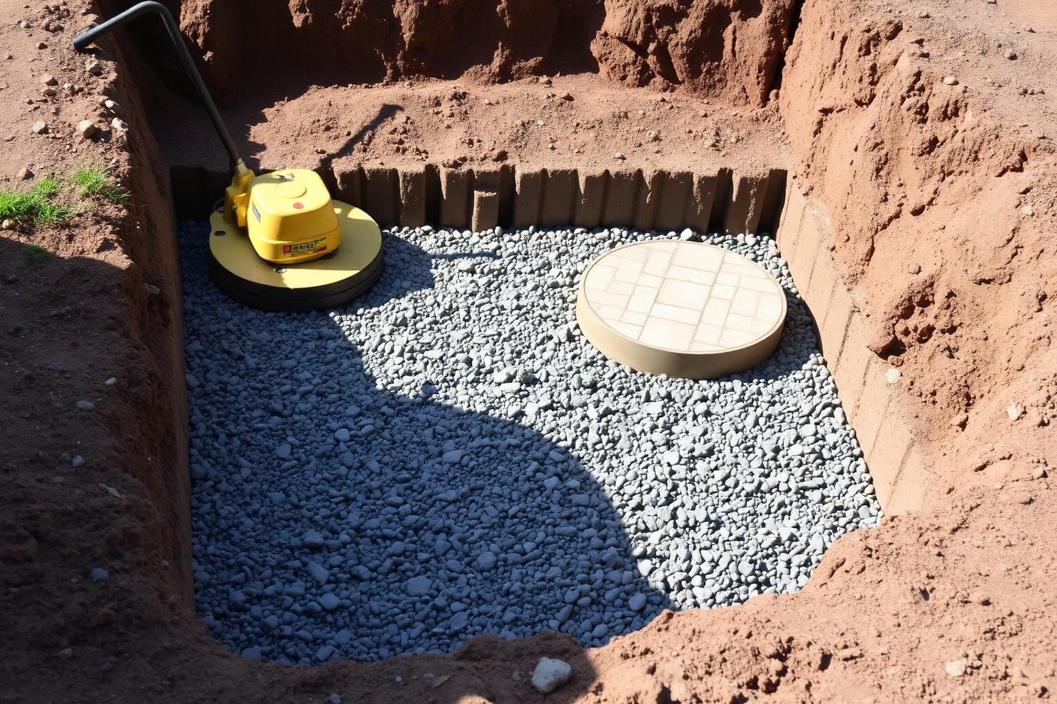 Compacted gray crushed stone gravel base layer in an excavated rectangular pit with a yellow plate compactor sitting on top, prepared for a paver patio