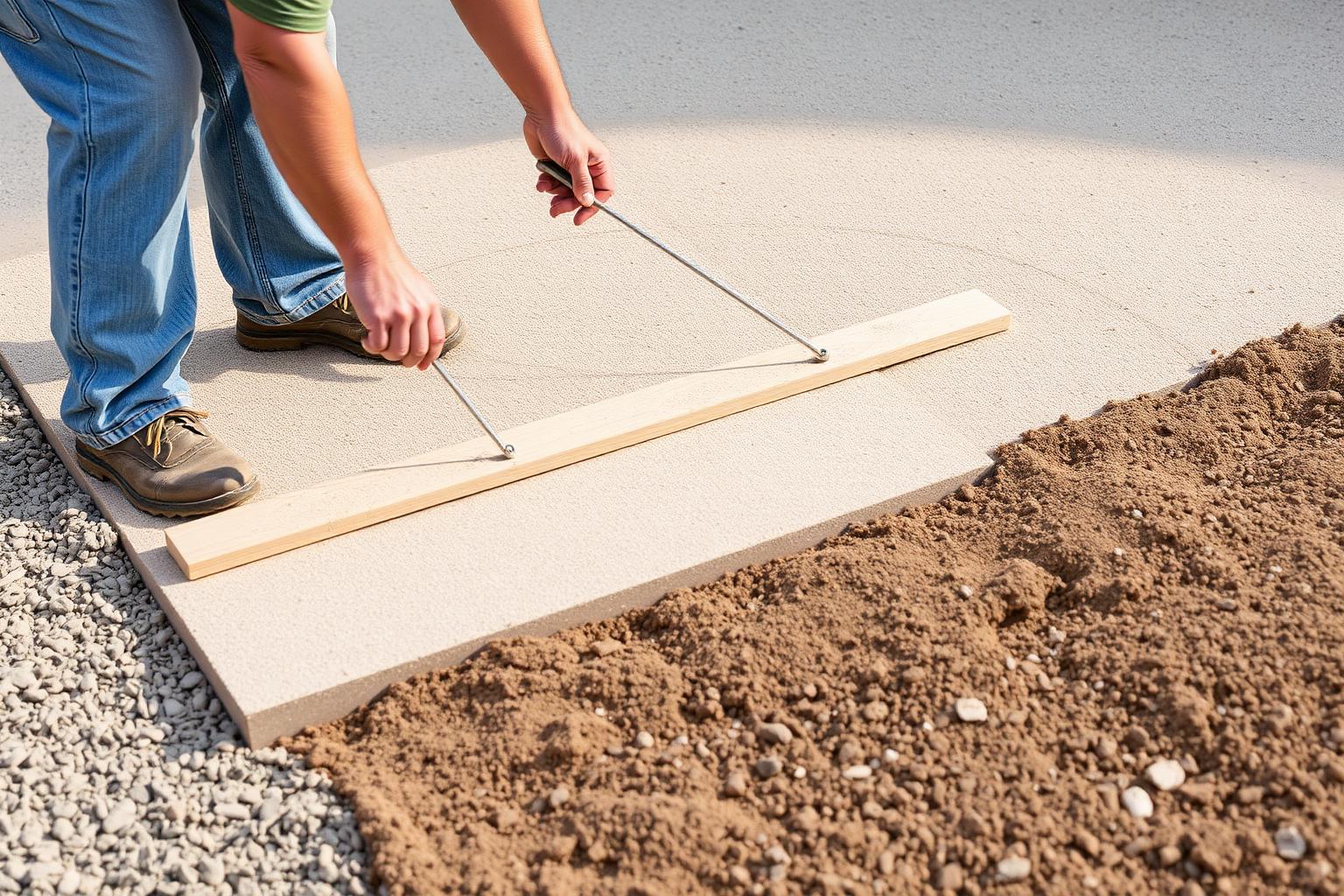 Worker screeding a one inch thick layer of coarse concrete bedding sand flat with a long straight wooden board over a compacted gravel base for a paver installation