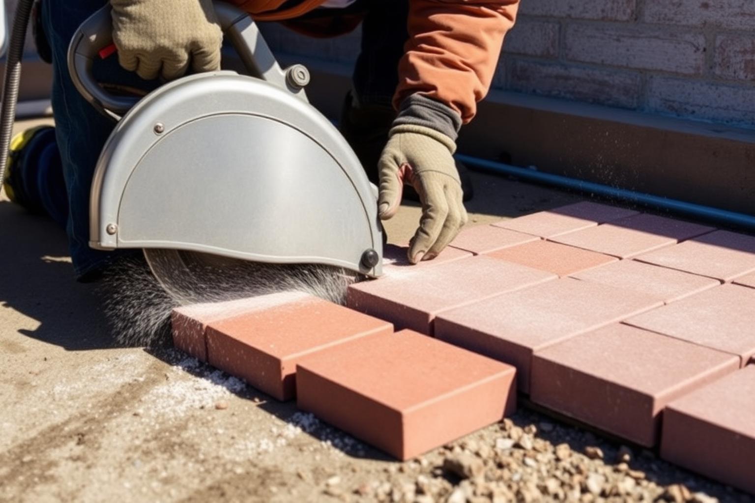 Worker using a wet masonry saw to cut a red concrete paver brick at an angle for a herringbone patio installation with cut pieces and dust visible
