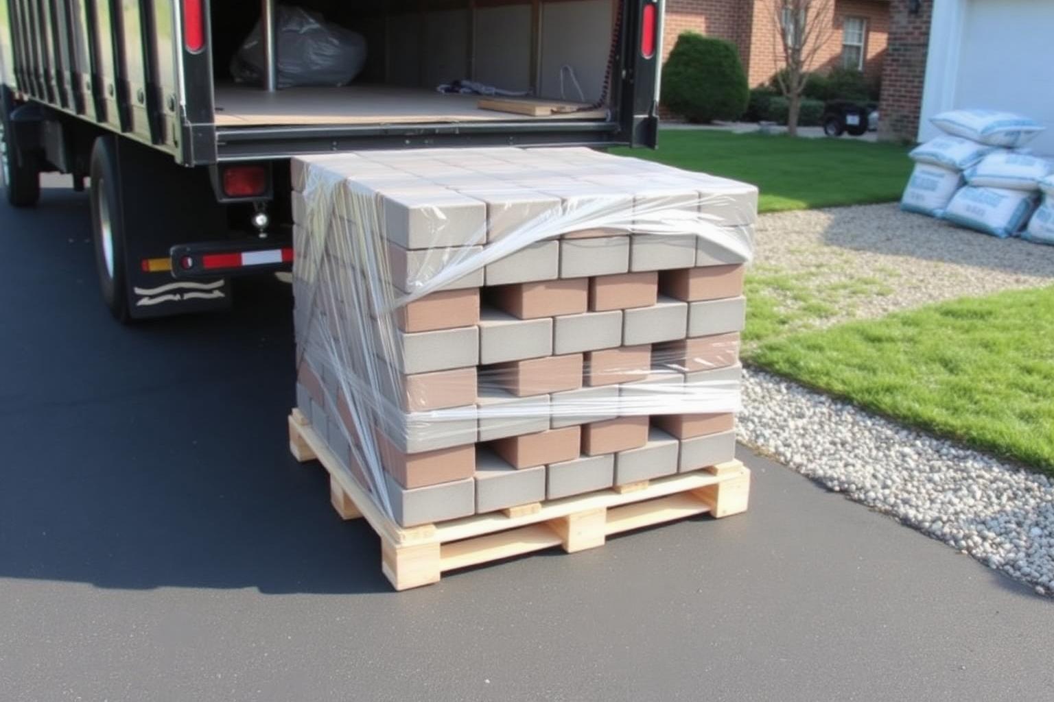 Delivery truck dropping a wooden pallet of stacked concrete pavers wrapped in plastic on a residential driveway with bagged sand and crushed stone staged nearby